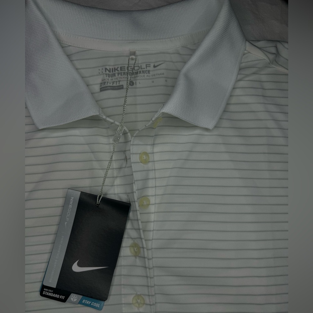 NWT - NIKE Golf Polo Tour Performance DriFIT Sleeveless White Striped Large Logo